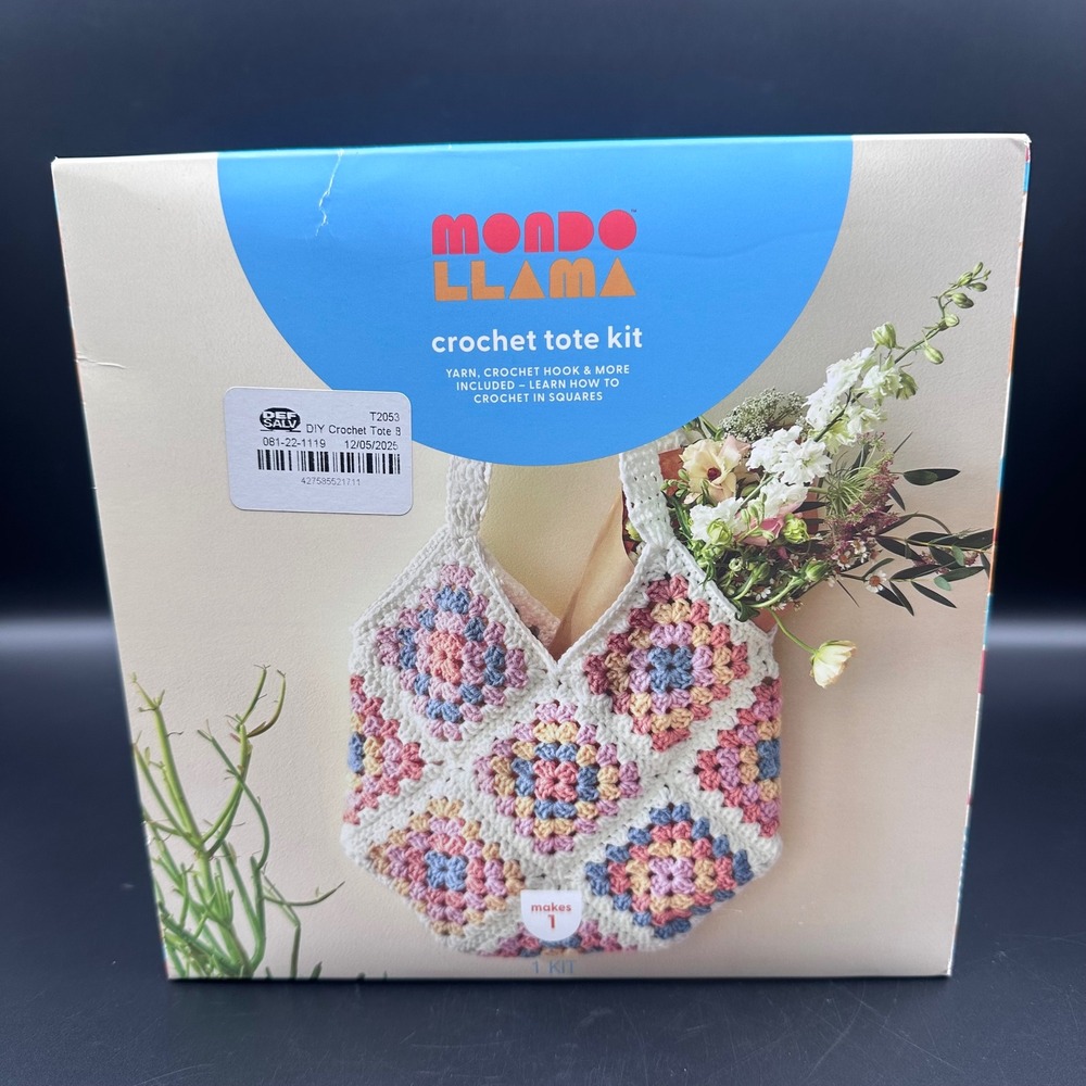 Mondo Llama DIY Crochet Tote Kit Yarn Hook & Needle Granny Square Bag Kit